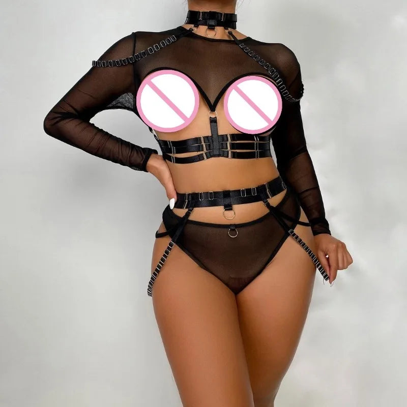 Lingeries Sexy Hot 4pcs Sexy Lingerie Sets Erotic Costumes Bandage Strap Blets Mesh Splicing Hollow Tee Tops Panty with Garter