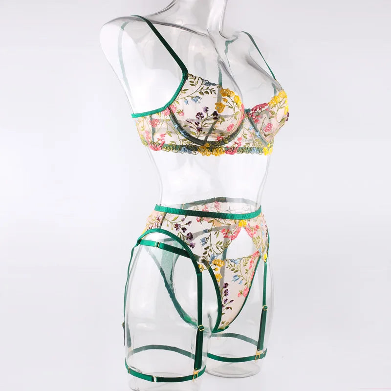 Lingerie Set Sensual Lace Underwear Transparent Embroidery 3 Pcs Garters Fancy Beautiful Short Skin Care Kits Intimate Bra Set
