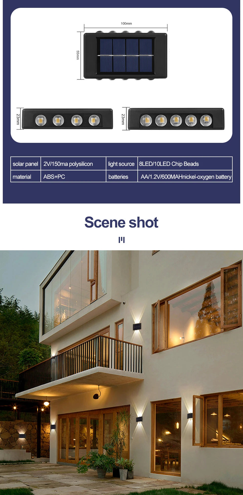Solar Up Down Double Headed High Brightness Wall Light Outdoor Waterproof Garden Fence Door Sign Decorative Wall Washer Lighting