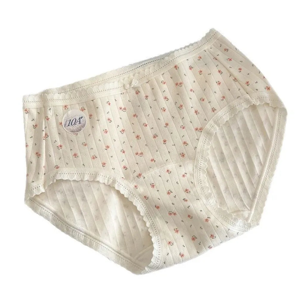 Lingerie Mid-waist Underwear for Women Bear Bow Sweet Floral Panties Underpants Grid Cotton Briefs Summer