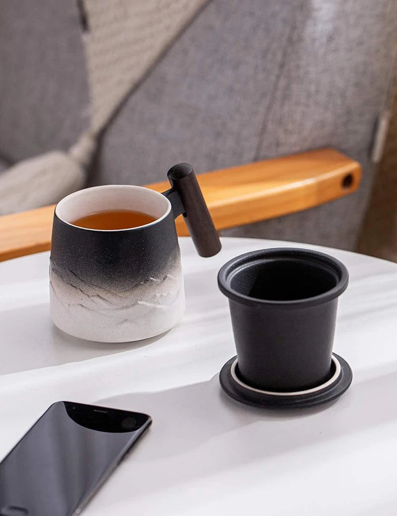Creative Tea Cups and Mugs Ceramic Mug Thermal Coffee Cup Vintage Beer Water Cup Infuser Lid Wooden Handle Personalized Gifts