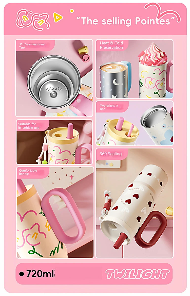 COOKER KING Spot Goods Vacuum Cup Thermal Mug Straw Insulated Ice Cup Car Thermal Mug with Handle Stylish Insulated Coffee Cup