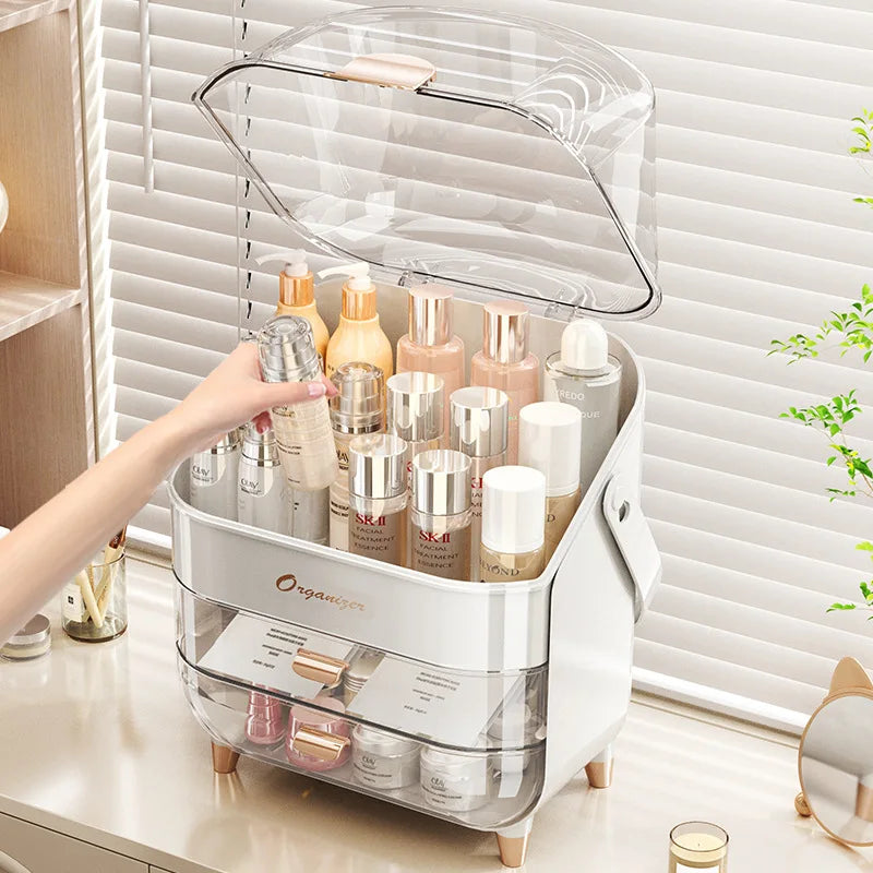 2026 Luxury Cosmetics Storage Box with High Quality and Large Capacity Dustproof Skincare Storage Display Stand Handheld