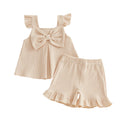Summer Kids Girls Outfits Solid Color Flying Sleeve Tops Shorts Casual Clothes Set