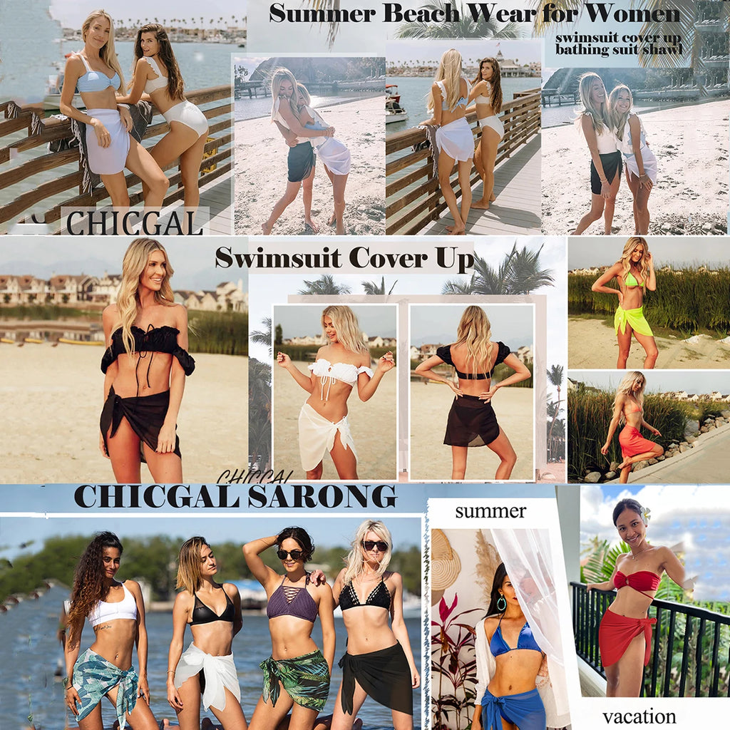 Summer Women Short Solid Sarong Swimsuit Coverups Beach Bikini Wrap Sheer Short Skirt Chiffon Skirt Scarf Swimwear Cover-ups