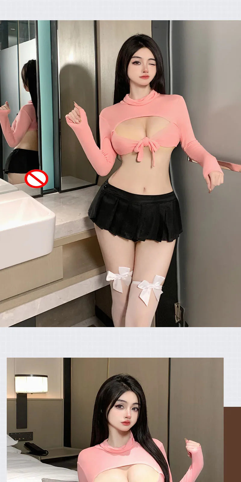 Summer Women 2026 Sexy High Neck Lace Up Hollow Solid Color Top Spicy Girl Pleated Temptation Cute Mini Skirt Bow Cosplay Sets