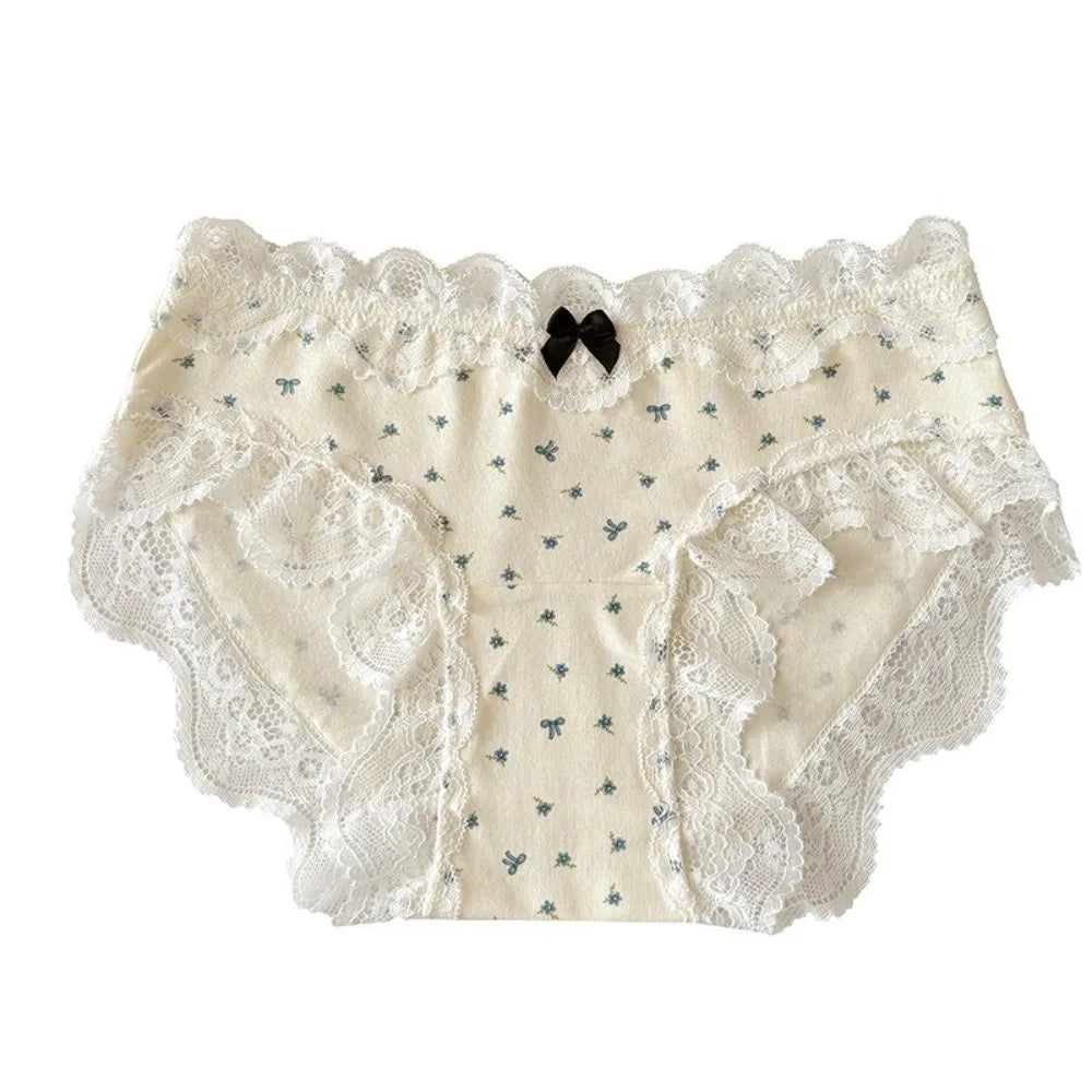 Lingerie Mid Waist Sweet Lace Panties Tulip Bow Underwear for Women Polka Dot Grid Floral Cotton Pnaties Female