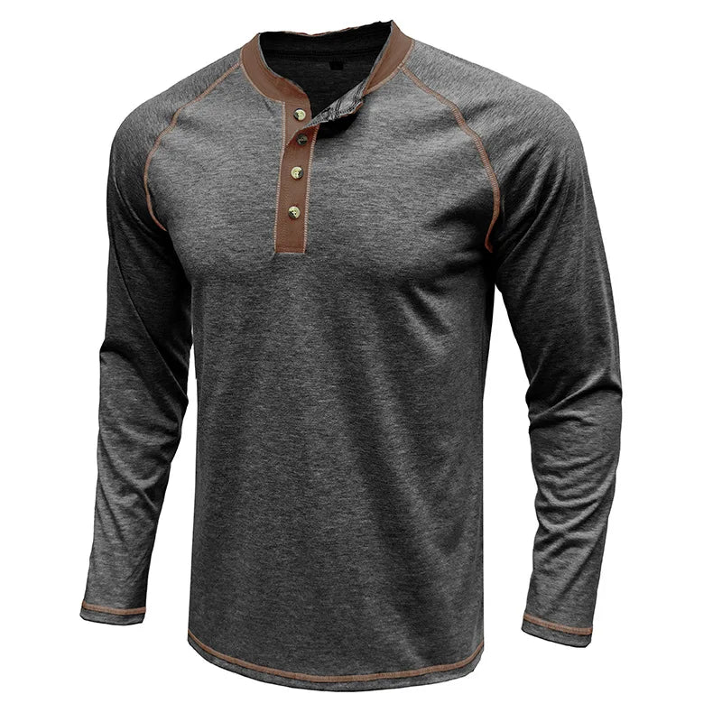 Summer  Autumn Men's American Heavy Cotton Henry Shirt  Long Sleeve Fitness Tough Guy T-Shirt Casual  T Shirt for Men Clothing
