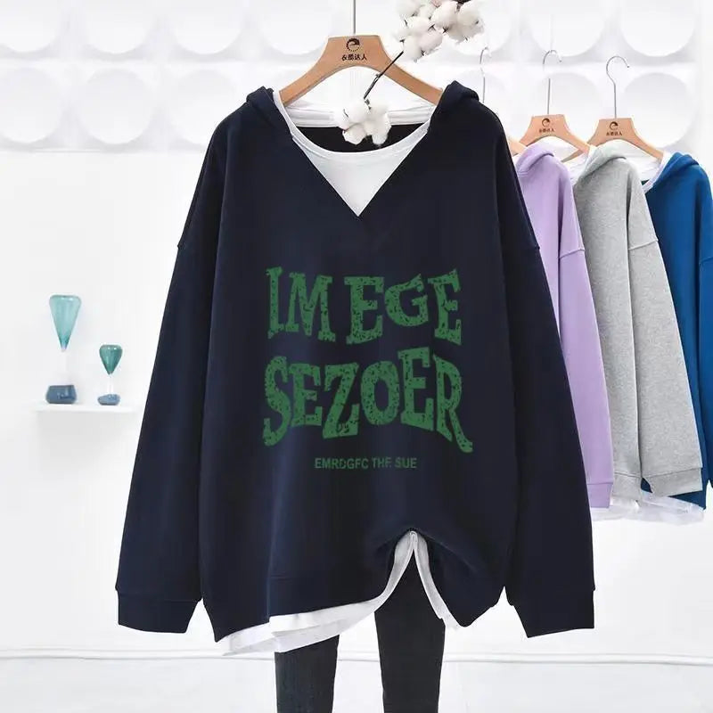 Hoodies Sweatshirt For Women Two Piece On Promotion Basic 2025 Trend Kpop Designer Novelty New In V Neck Woman Hooded Tops