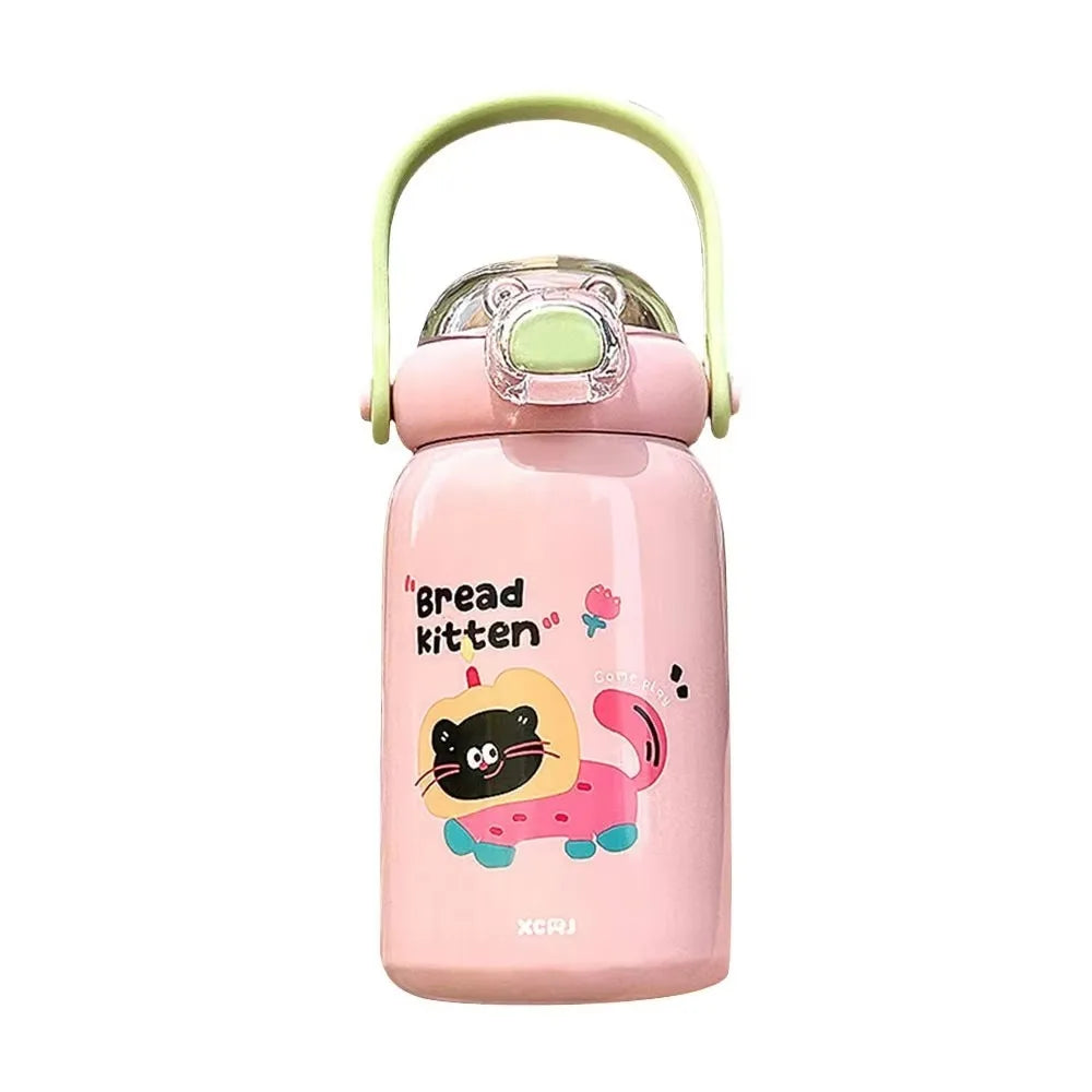Cartoon Thermal Cup Large Capacity Double Drinking Straw Student Water Cup Stainless Steel Leakproof Insulated Cup for Children
