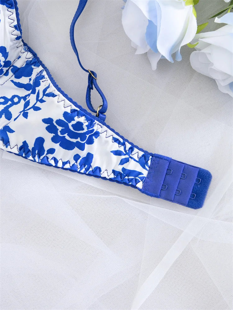 Women's Lingerie Blue Floral Print Bra Panty Set Elegant Intimate Underwear Breathable Gather Bra Comfortable Daily Lingerie Set