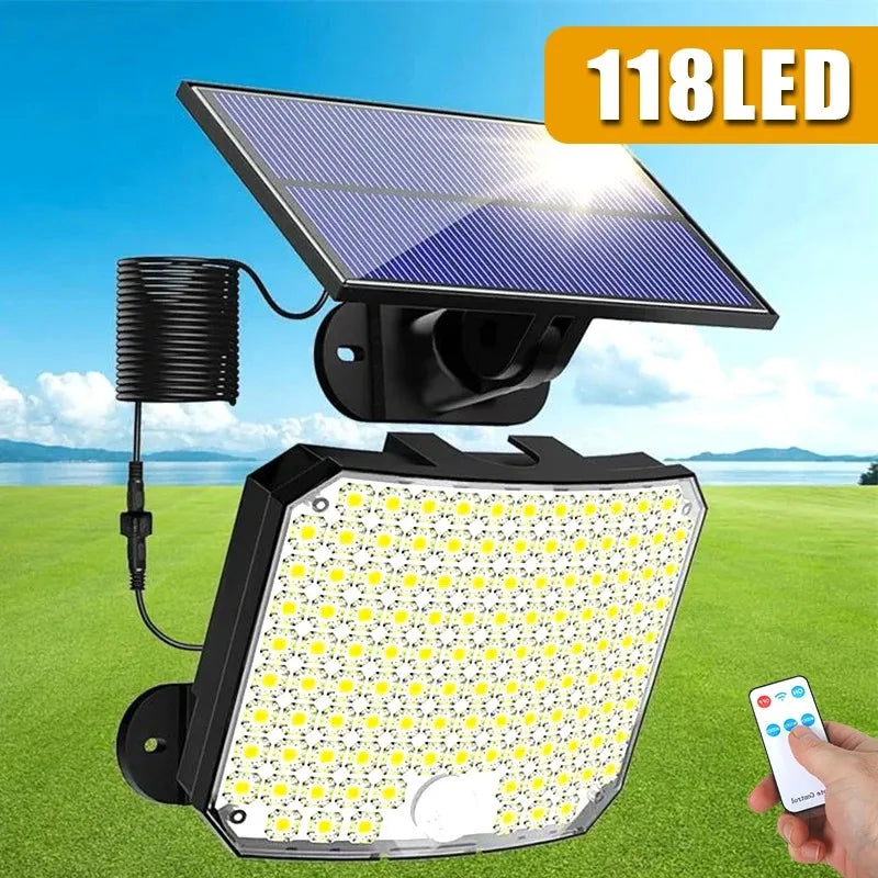 Solar Outdoor Lights 2500LM 118LED Security Lamps with Remote Control for Garden 3 Heads Motion Sensor Light IP65 Waterproof