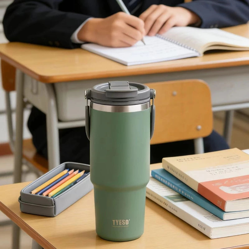 900ml Stainless Steel Thermos Cup  Portable Handle, Cold and Heat Preservation, Office Sports Outdoor Tumbler