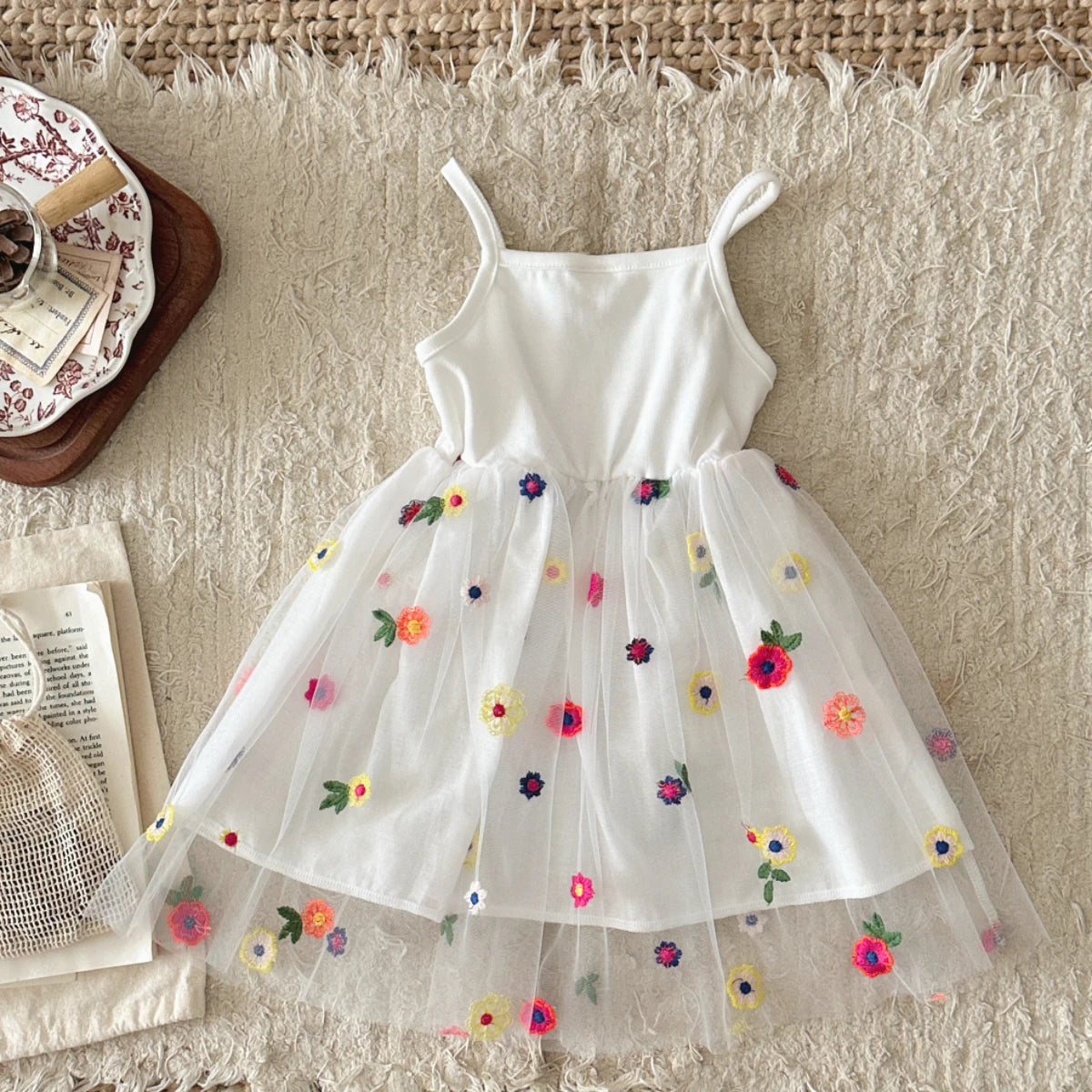 Summer Baby Girls  White Embroidered  Tie Back Suspender Dress Kids Sweet dress Children Outfit Skirt 6Month-3Y
