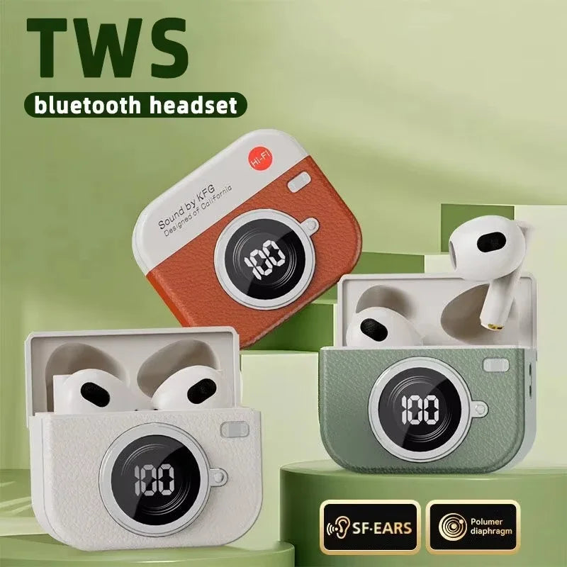 Bluetooth 5.4 vintage fashion wireless earphones, suitable for laptops, tablets, smartphones, and sports fitness, with LED displ