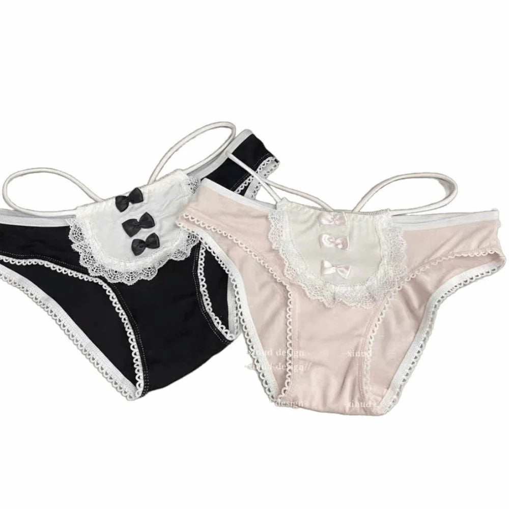 Lingerie Bow Lace Flower Panties Transparent Mid Waist French Style Briefs Seamless Hollow Women Underwear Girl