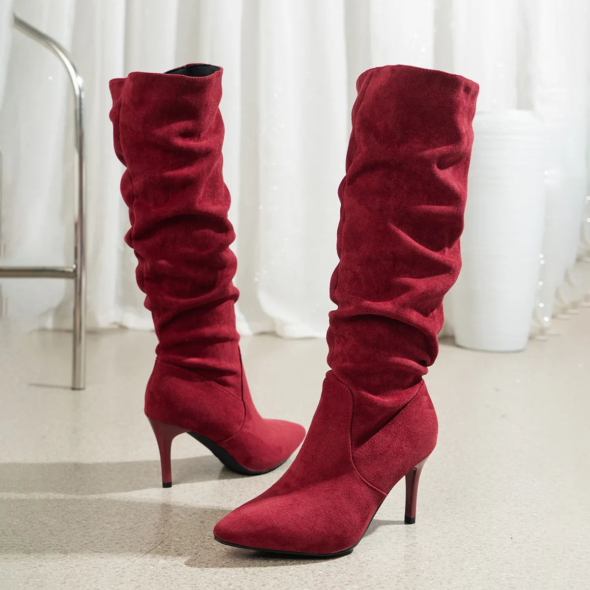 Shoes for Women Elegant Heeled Footwear Long New High Heels Autumn Winter Knee Suede Solid Color Pointed Toe Ladies Botas Mujer