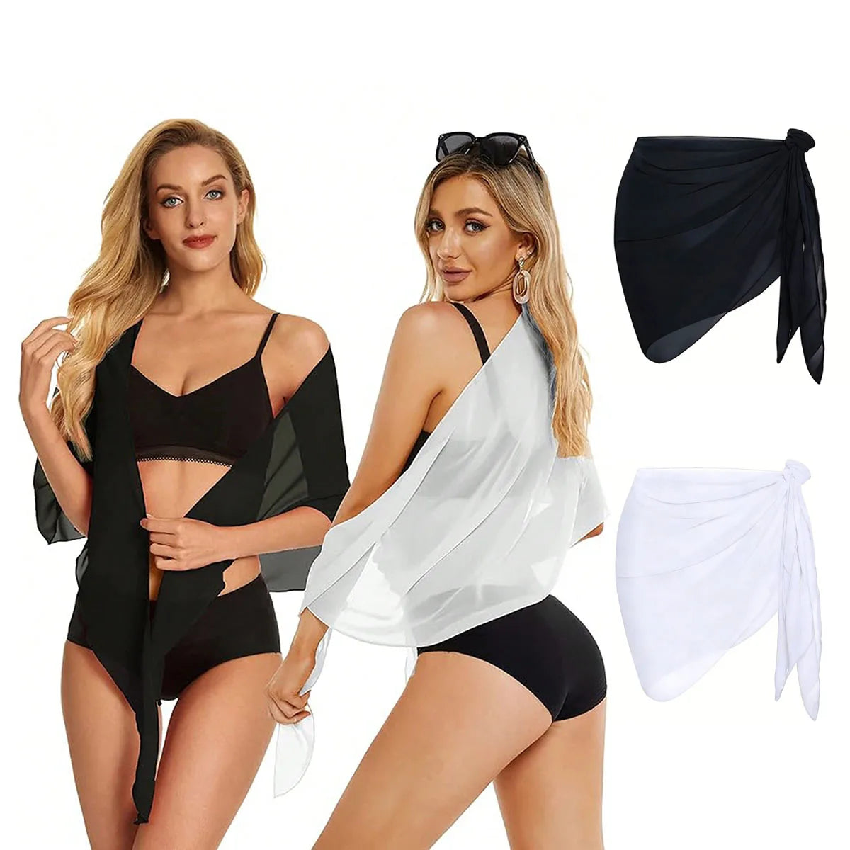 Summer Women Short Solid Sarong Swimsuit Coverups Beach Bikini Wrap Sheer Short Skirt Chiffon Skirt Scarf Swimwear Cover-ups