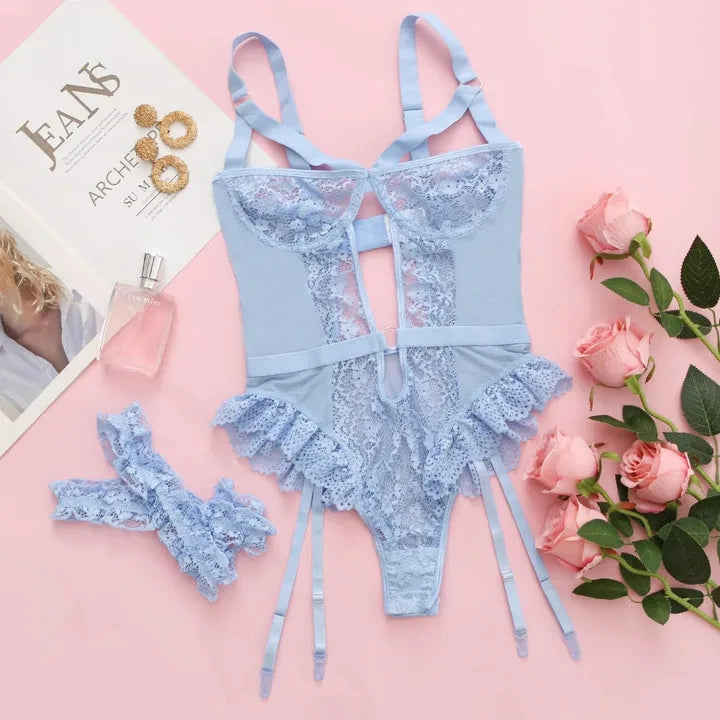 Lingerie Sexy Hot Sensual Bodysuits Sexy Lace Bra Set for Women Cut Out Strappy Bra and Panties Garter Choker Erotic Costumes