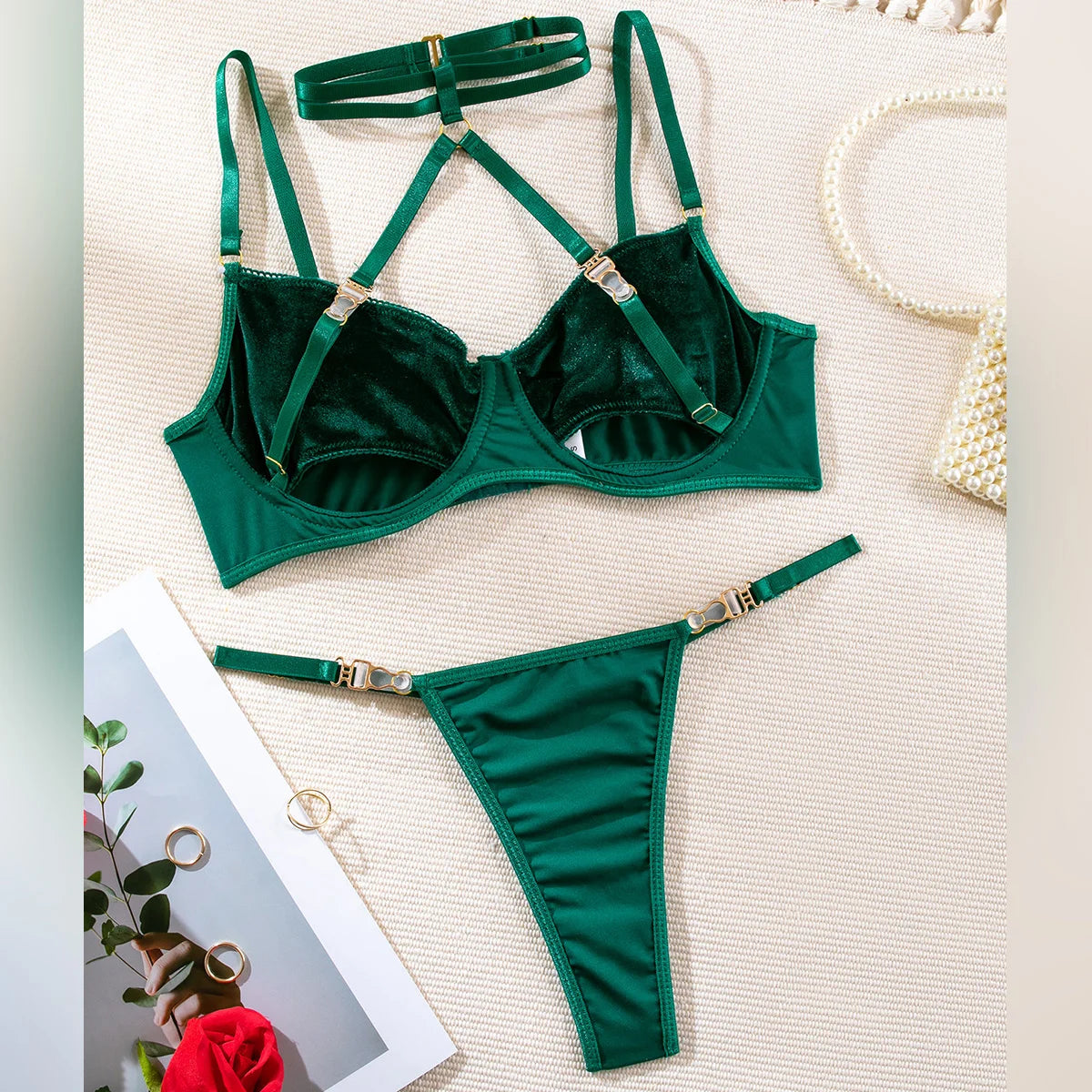 Cut Out Bra Set Women 2-piece Halter Bra + Brief Underwear Set 4 Color Velvet Sexy Intimates