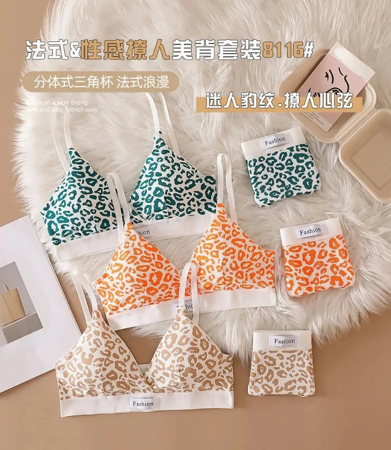 Women Seamless Bra Set Low Waist Panties Leopard Bralette Sexy Lingerie Set Vneck Sport Brassiere Female Cotton Underwear Set