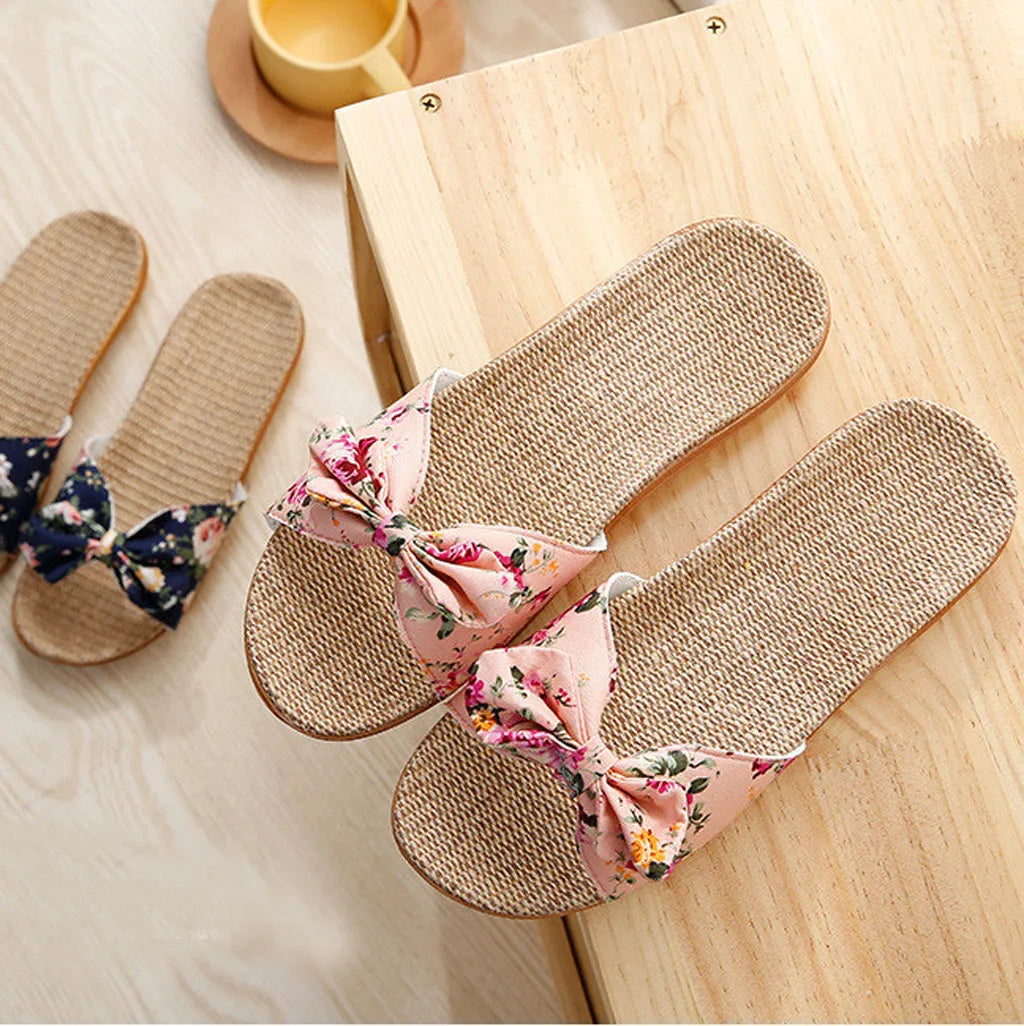 Shoes For Woman Sandalias Mujer Women Female Bowknot Flax Linen Flip Flops Beach Shoes Sandals Slipper Chaussures Femme
