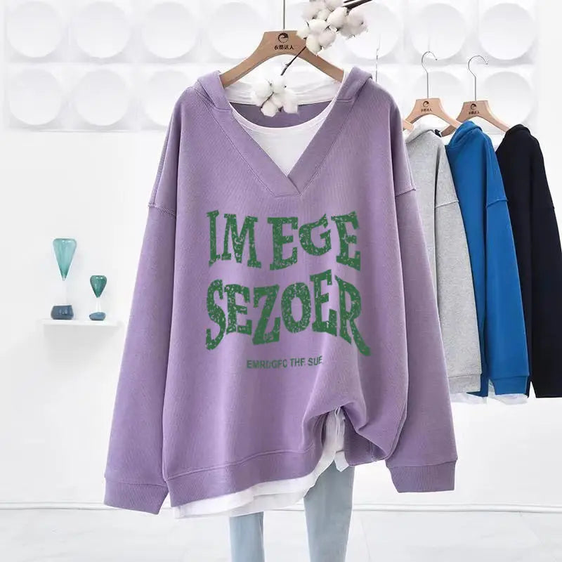 Hoodies Sweatshirt For Women Two Piece On Promotion Basic 2025 Trend Kpop Designer Novelty New In V Neck Woman Hooded Tops