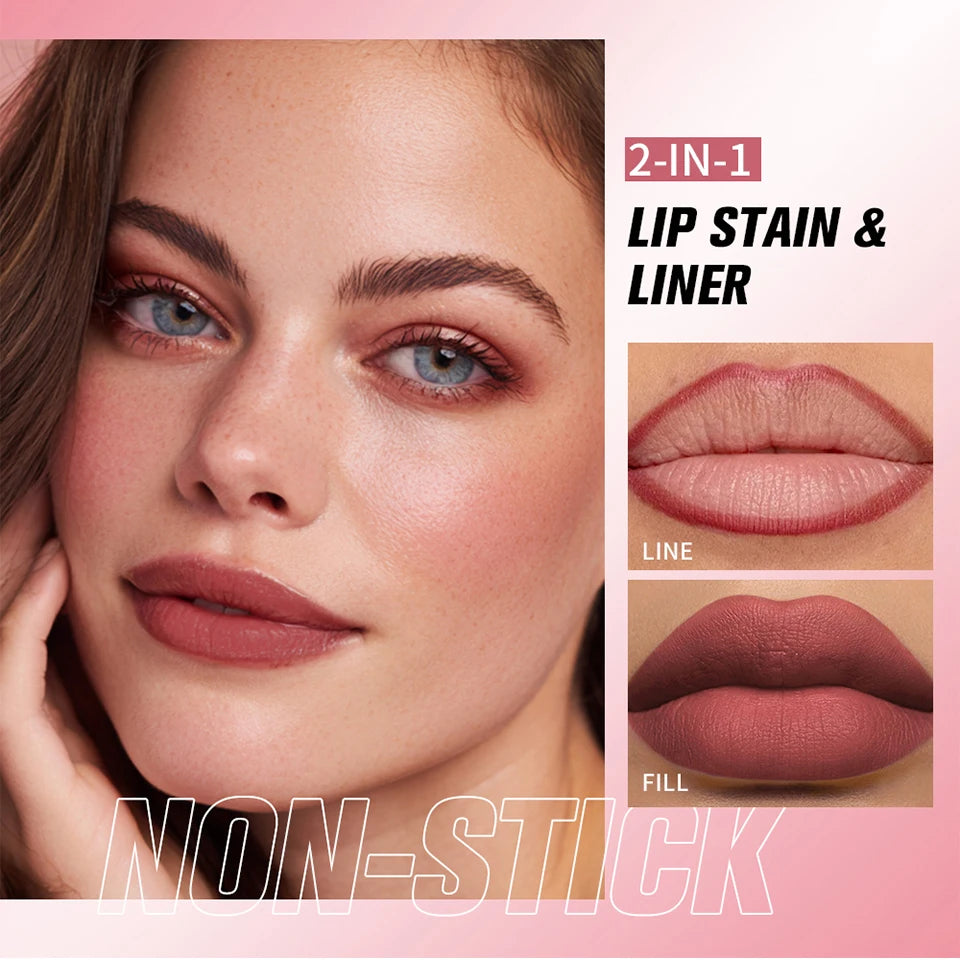 2-in-1 Lip Contour Lip Stain Pen Smudge-proof Non-stick Cup Moisturizing Lip Makeup Cosmetic Dual-Sided Tip Lip Stain & Liner