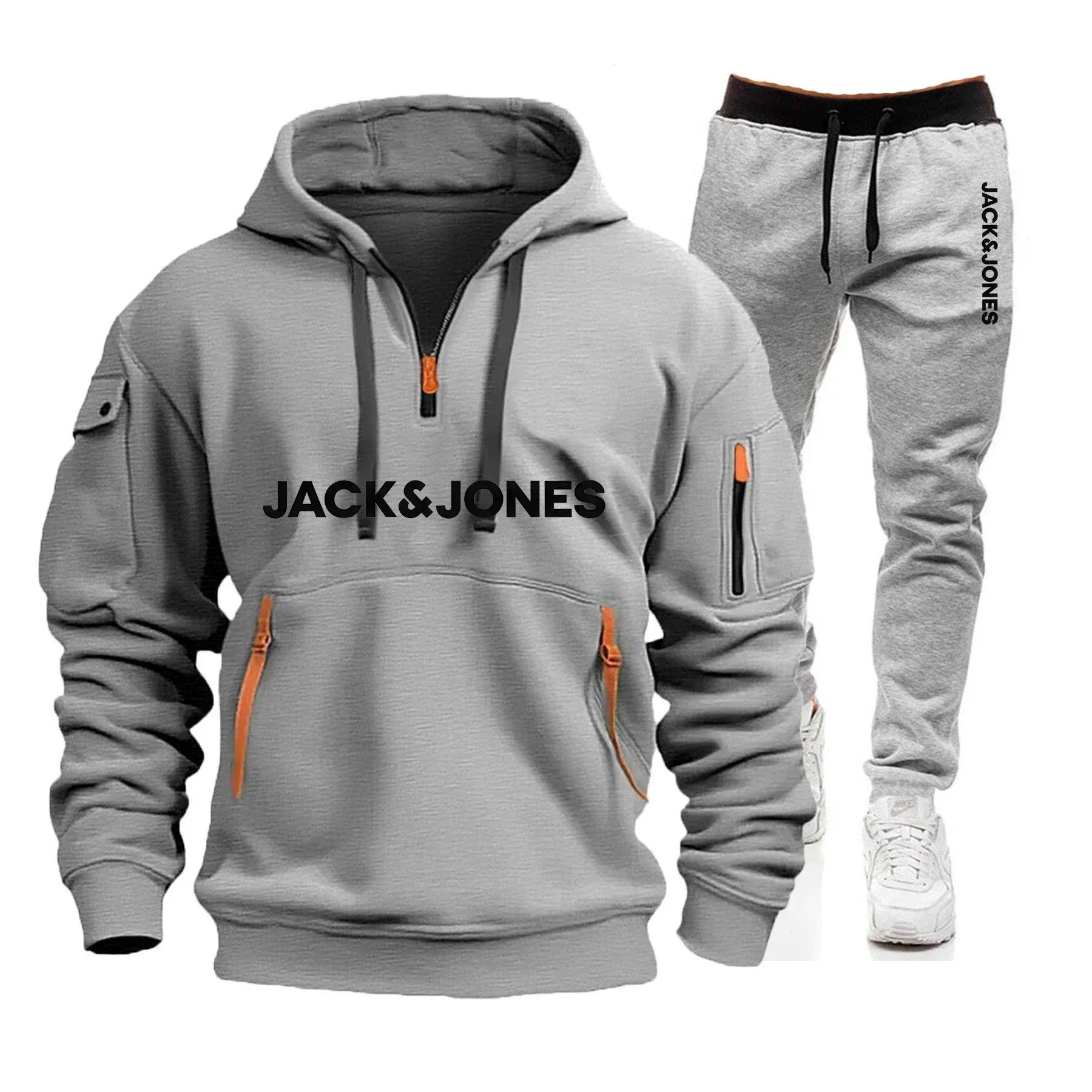A two-piece outdoor fashion jogging and fitness set for men in autumn and winter, featuring a hooded sweatshirt and casual pants