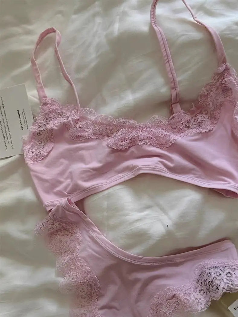 Pink Lace Bra Set Woman Adjusted-strap Seamless Bras+Low Waist Panties Female Casual Simple Solid High Elasticity Lingerie Sets