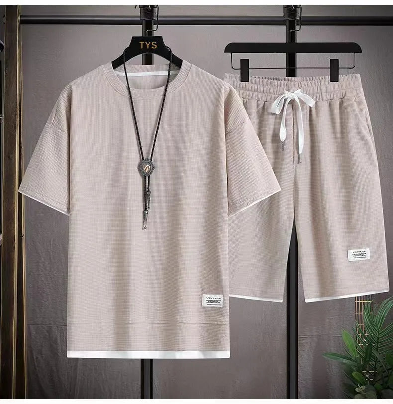 2025 Men's Sports Set Casual T-shirt and Shorts Loose and Comfortable Summer Waffle Set Jogging Set