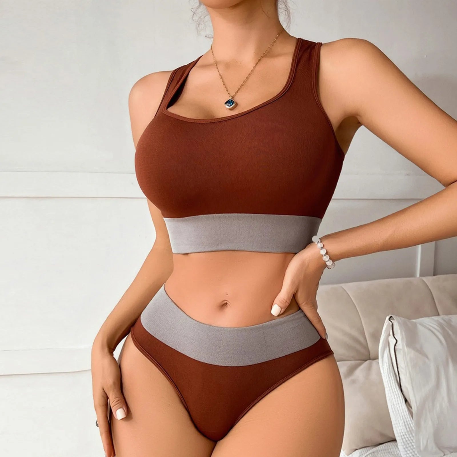 Women Seamless Bra Set Sexy Panties Mid Waist Comfortable Sports Underwear Set Tank Tops Lingerie Female Wire Free Brassiere