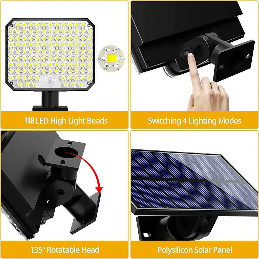 Solar Outdoor Lights 2500LM 118LED Security Lamps with Remote Control for Garden 3 Heads Motion Sensor Light IP65 Waterproof