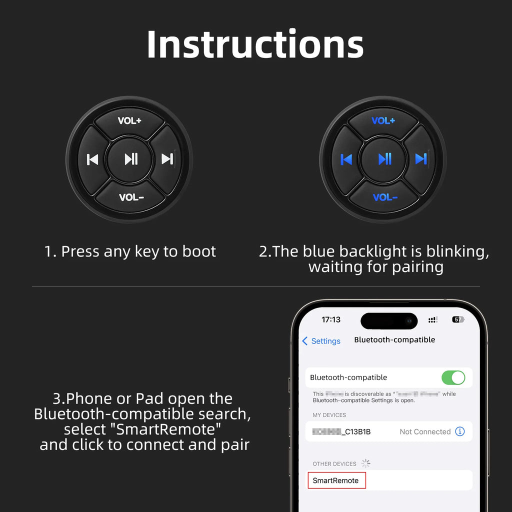 Bluetooth-compatible Car Motorcycle Bike Wireless Steering Wheel Remote Control Music Player  Media Button For IOS Android Phone