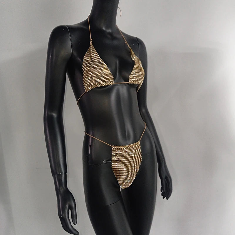 Bling Rhinestones Bra Panty Set Women Sexy Halter Bra Sexy Panty Two Piece Set Summer Beach Outfits Party Club Matching Sets