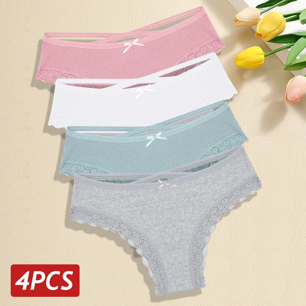 4PCS/Set Women Cotton Panties Sexy Lace Braizlian Panties Low Rise Hollow Out Underwear for Female Cute Bow Breathable Lingerie