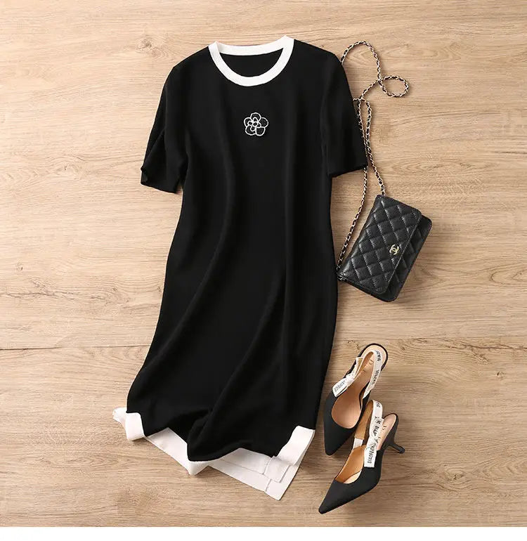 Summer Dresses Ladies 2023 Luxury Designer Rose Embroidery Split T shirt Long Ice Silk Straight Maternity Dress Women's Clothing
