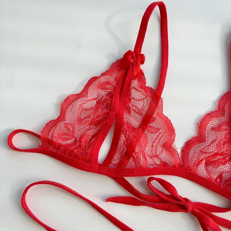 Sexy Lace-up Lingerie Set Women Hot Open Crotch Transparent Sexy Bra and Panty Sets Sex Temptation Erotic Couples Date Underwear