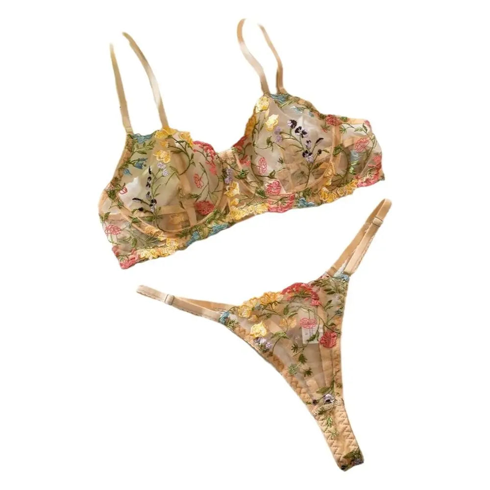 2-Piece Versatile Floral Lingerie Set Embroidery Sheer Boho Bra Panty Set Intimates