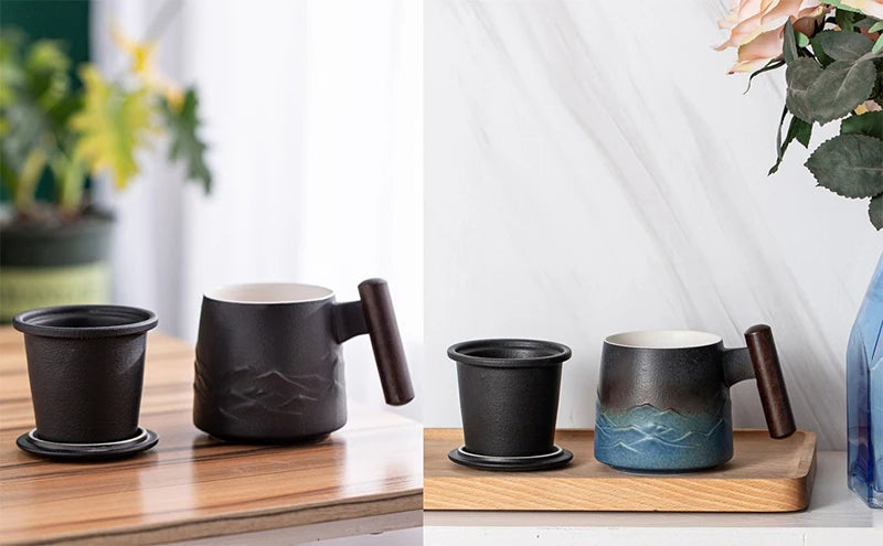 Creative Tea Cups and Mugs Ceramic Mug Thermal Coffee Cup Vintage Beer Water Cup Infuser Lid Wooden Handle Personalized Gifts