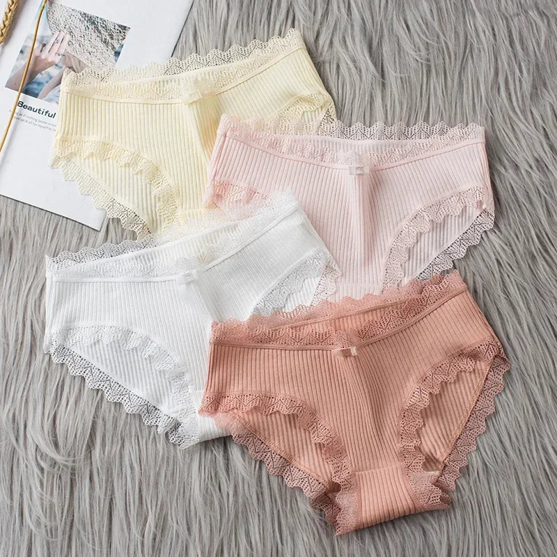 Lingerie Underwear Women Bow New Lace Panties Briefs Low Waist Solid Color Middle-Waisted Underpants Female Lingerie Briefs