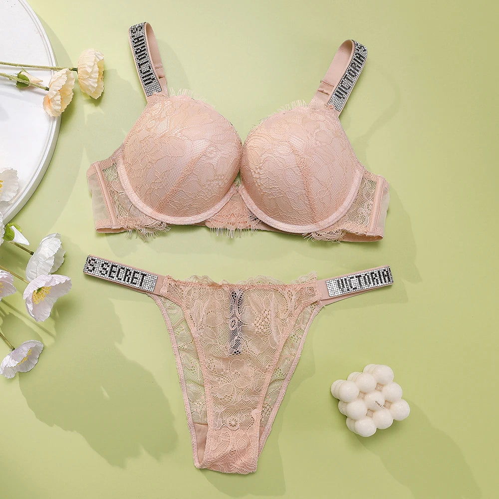 Victoria's Secret Bra and Panty Set Classic Women's Lingerie Set Sexy Lace Trim Pattern Breathable Gathered Padded New Soft
