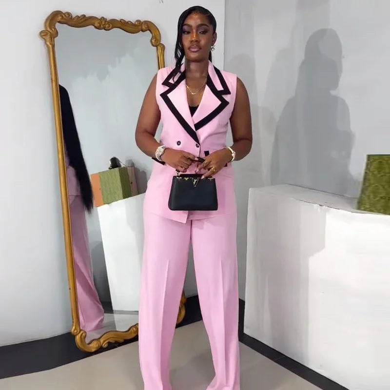Pants Set Women Two Piece Sets Matching Sets Work Elegant Double Breasted Tops Vest Wide Leg Long Pants High Waist Y2k Pink