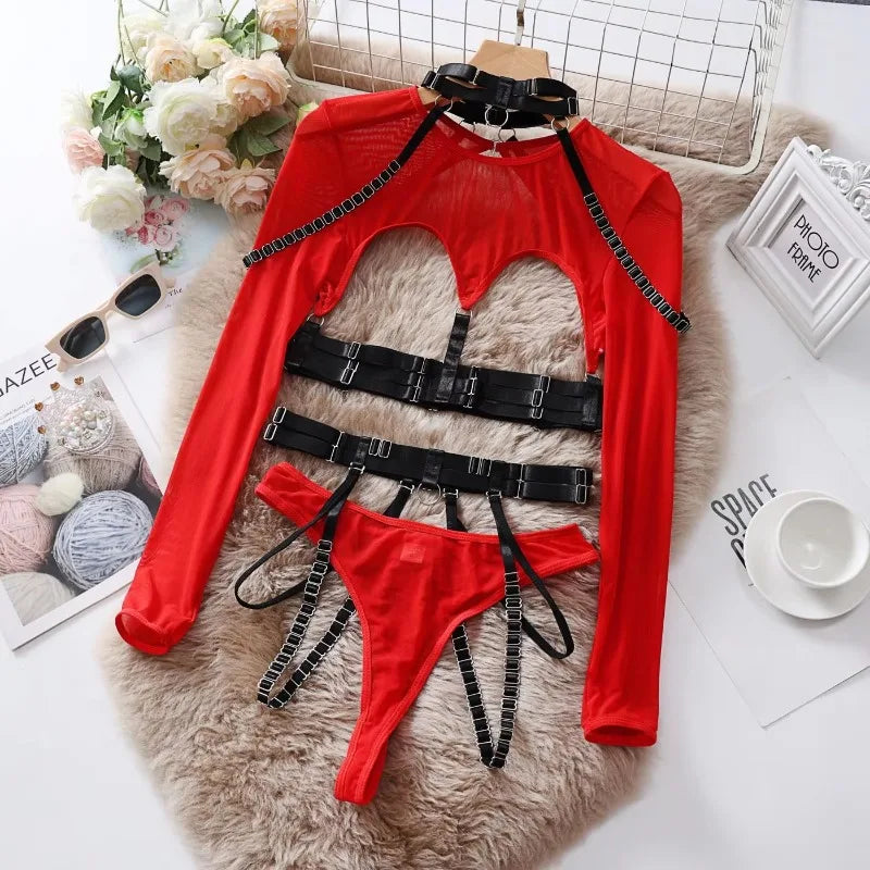 Lingeries Sexy Hot 4pcs Sexy Lingerie Sets Erotic Costumes Bandage Strap Blets Mesh Splicing Hollow Tee Tops Panty with Garter