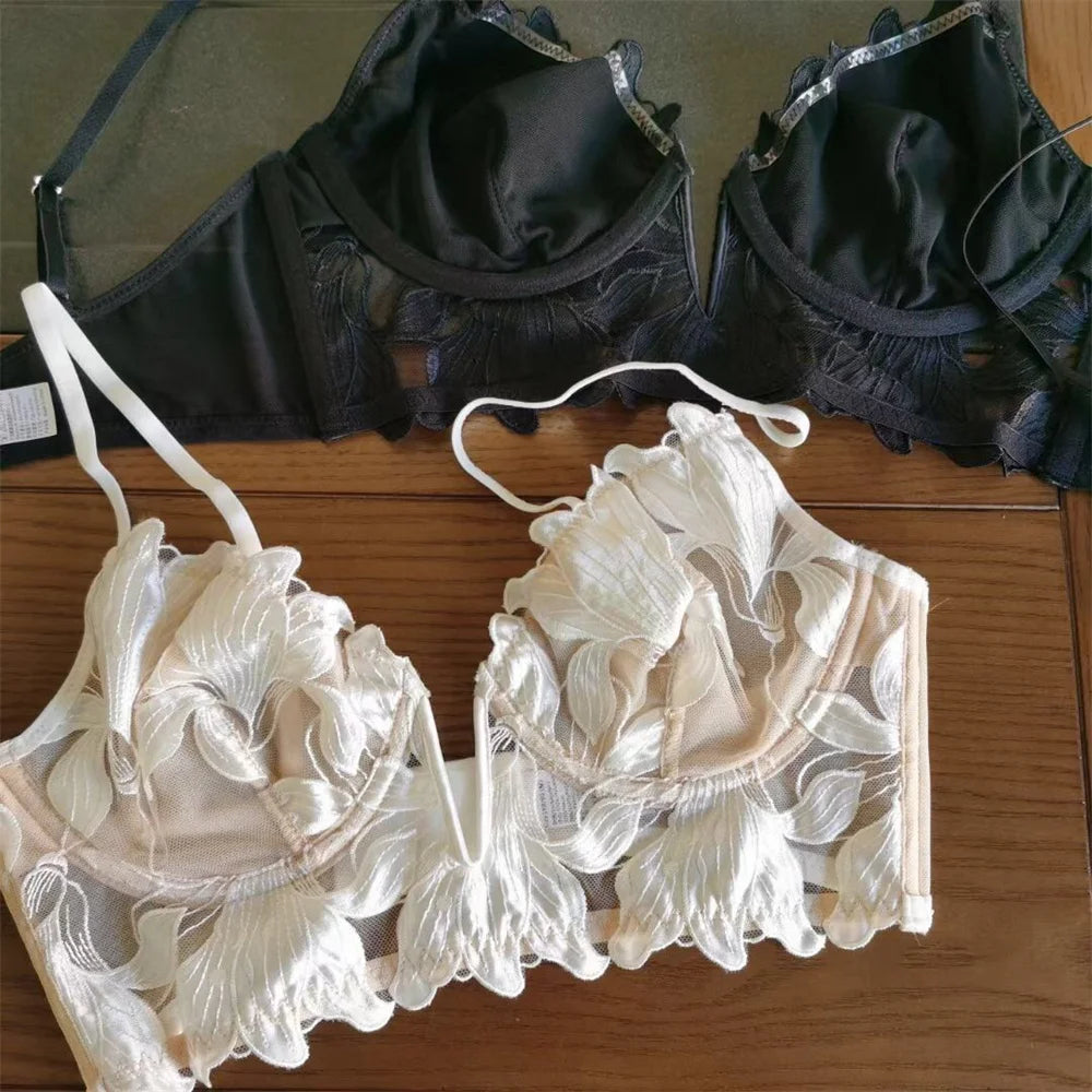 Sexy French Lace Floral Embroidery Brassiere Lingerie Set Women's Underwear Set Push Up thin Bralette Deep V Bra and Panty Set