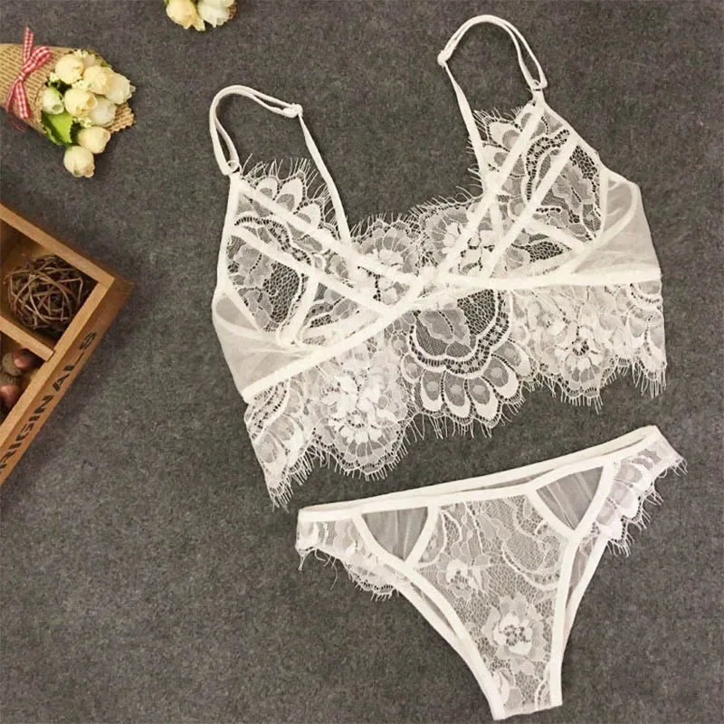Lingerie Set Sexy Plus Size Hot Underwear Women Set Bra&Panty Thong Set Sexy Transparent Lingere Lace Black Open Intimates