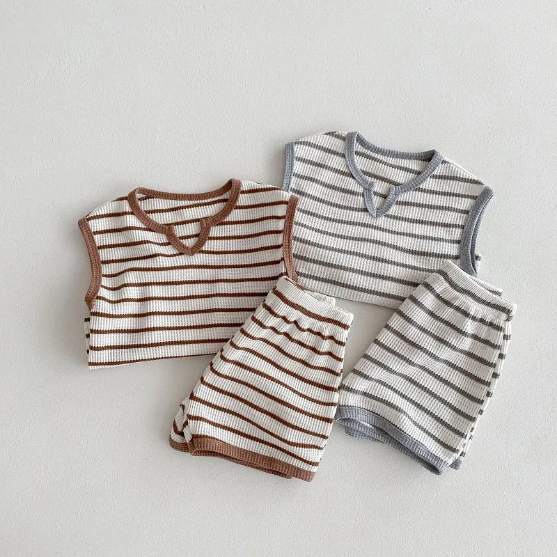 Summer baby clothes 0-5T solid color boys striped sleeveless T-shirt shorts set breathable girls vest short sleeved shorts set
