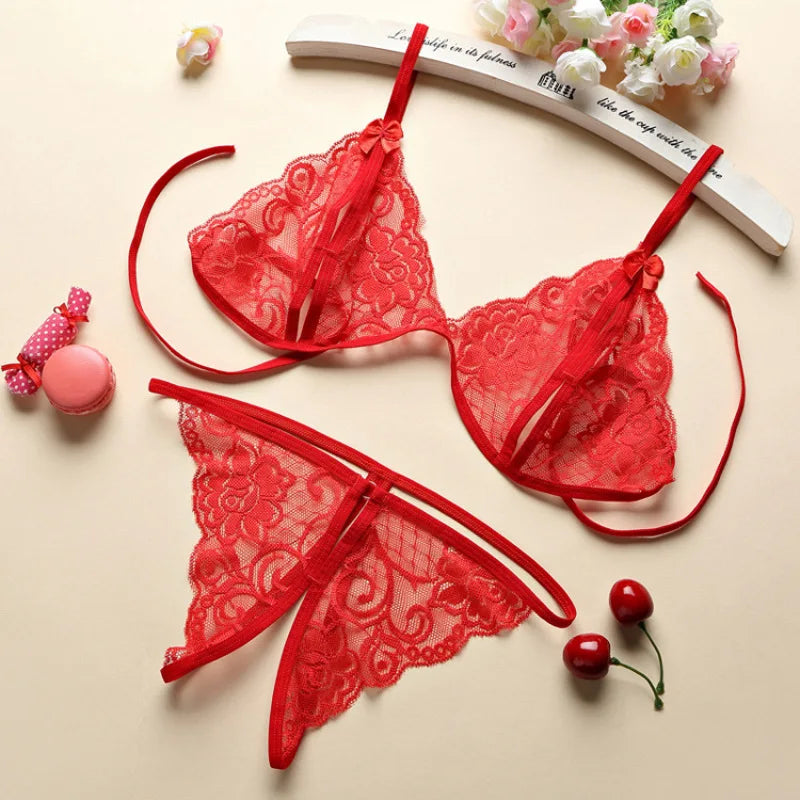 Sexy Lace-up Lingerie Set Women Hot Open Crotch Transparent Sexy Bra and Panty Sets Sex Temptation Erotic Couples Date Underwear