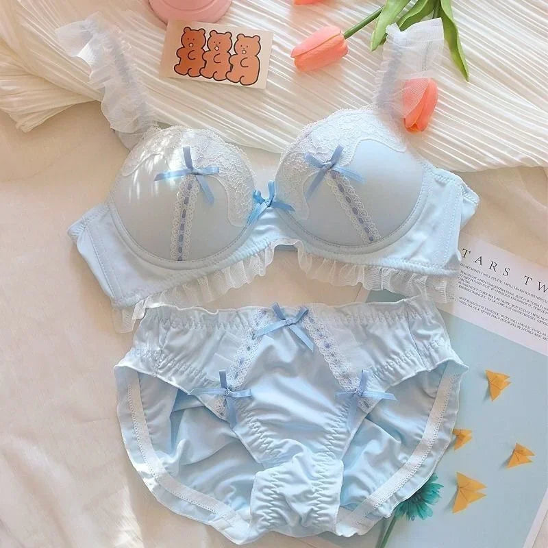 Pink Lace Japanese Style Bra and Panty Sets for Women Lingerie Sexy Bow Push Up Seamless Bras Bralette Mujer Brassiere Briefs