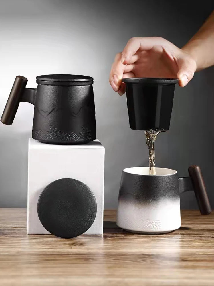 Creative Tea Cups and Mugs Ceramic Mug Thermal Coffee Cup Vintage Beer Water Cup Infuser Lid Wooden Handle Personalized Gifts